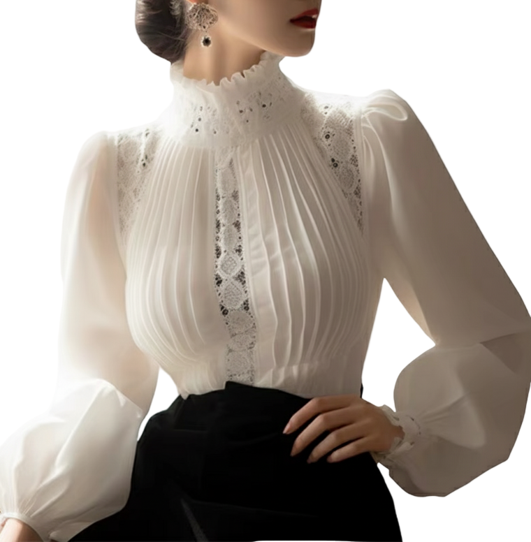 Trendy & Timeless Stand Collar Commute Ruched Patchwork Lace Hollow Out Long Sleeve Shirt - SM8-TOP-51