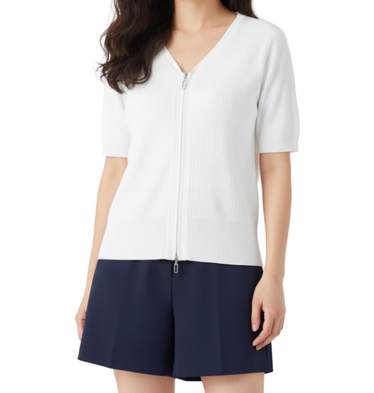 Trendy Double Zipper Short Sleeve Thin Ice Silk Women's Top Blouse  - B6-TOP-B611