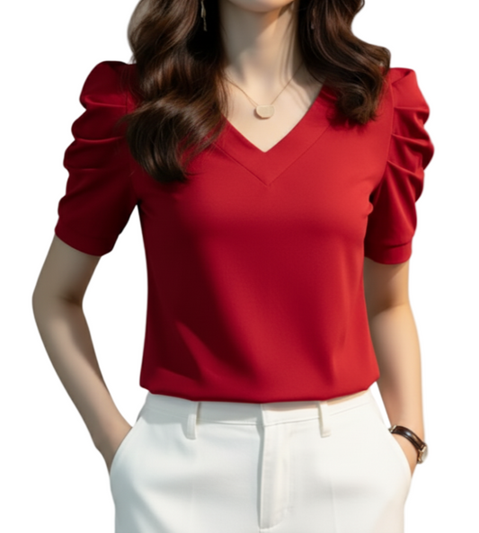 Women' Cotton Pleated Puff Sleeve V-neck SHIRT-BL106