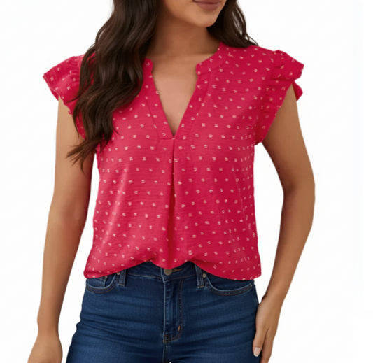 Women's Classy V-neck Woven Short Sleeve Top SHIRT-BL123