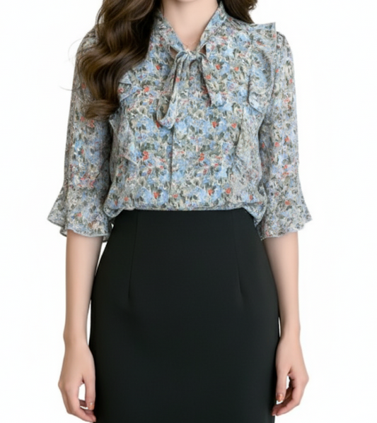 Women’s Floral Printed Blouse with Flare Half Sleeve Bow Collar – BL57