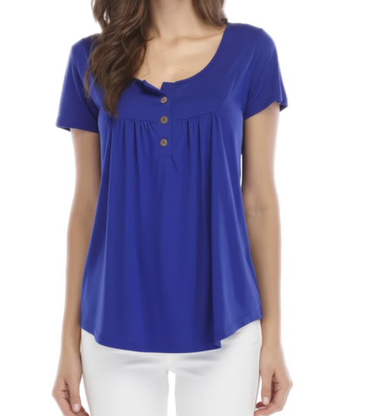 Women's High Quality Draw Pleat Button Short Sleeve Top SHIRT-BL139