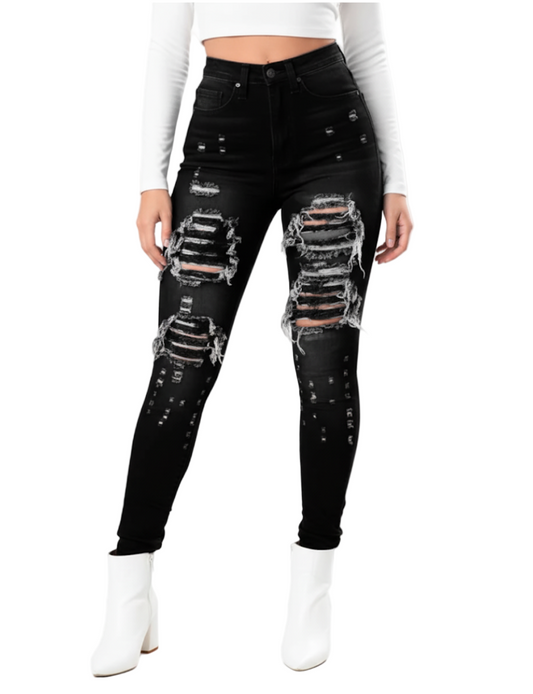 Women’s Skinny Ripped Distressed Mid Waist JEANS-JP-23