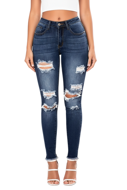Women’s Skinny Ripped Distressed Mid Waist JEANS-JP-28