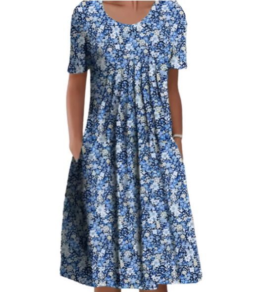 Floral Print Round Neck Pocket Dress for Women - Dress-B20
