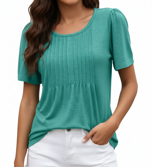Women's Summer Round Neck Pleated Front Breathable Top SHIRT-BL112