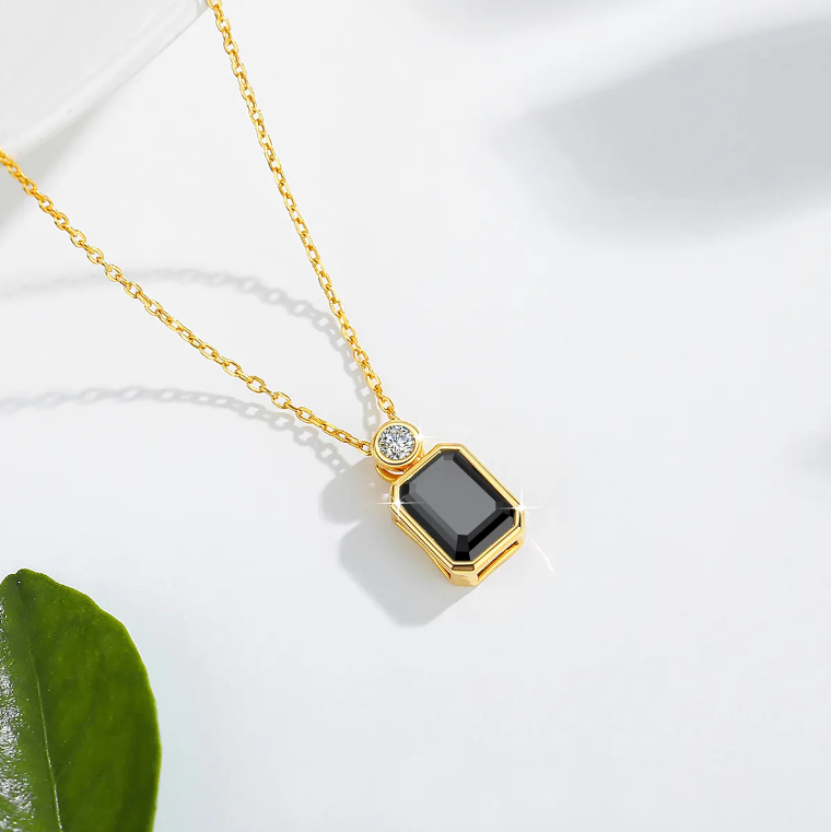 14K Gold with 2/3/4 Carat Emerald Cut Black Moissanite Pendant – B1-GNC-08