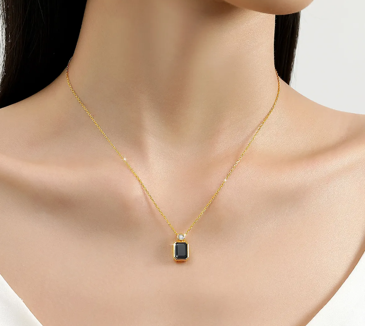 14K Gold with 2/3/4 Carat Emerald Cut Black Moissanite Pendant – B1-GNC-08