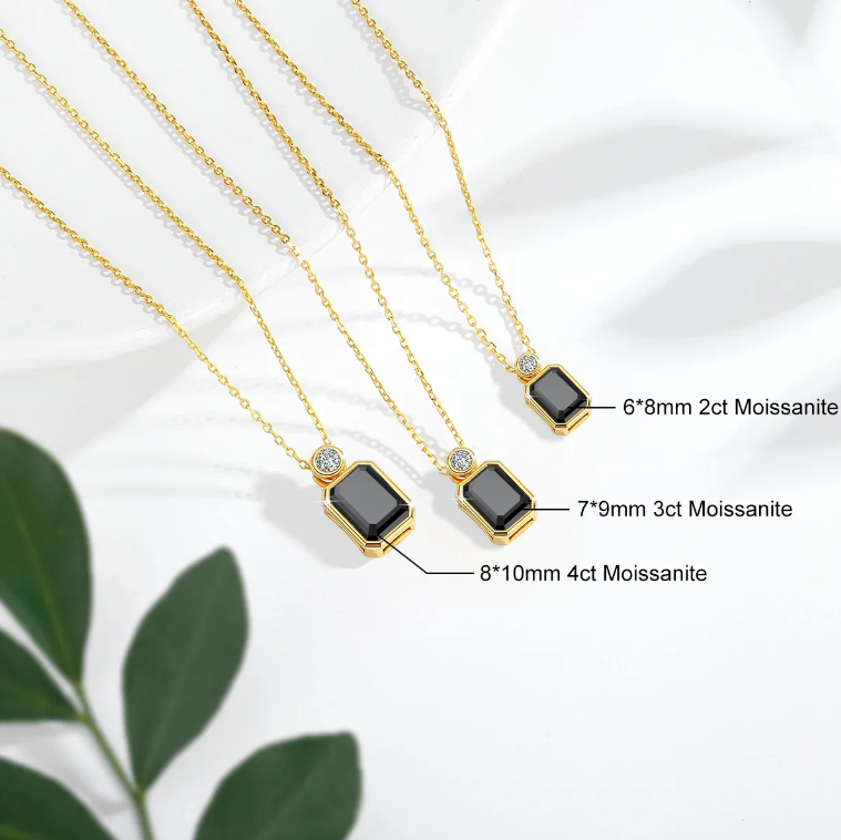 14K Gold with 2/3/4 Carat Emerald Cut Black Moissanite Pendant – B1-GNC-08