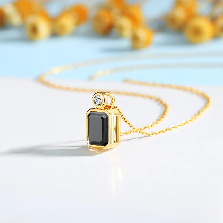 14K Gold with 2/3/4 Carat Emerald Cut Black Moissanite Pendant – B1-GNC-08