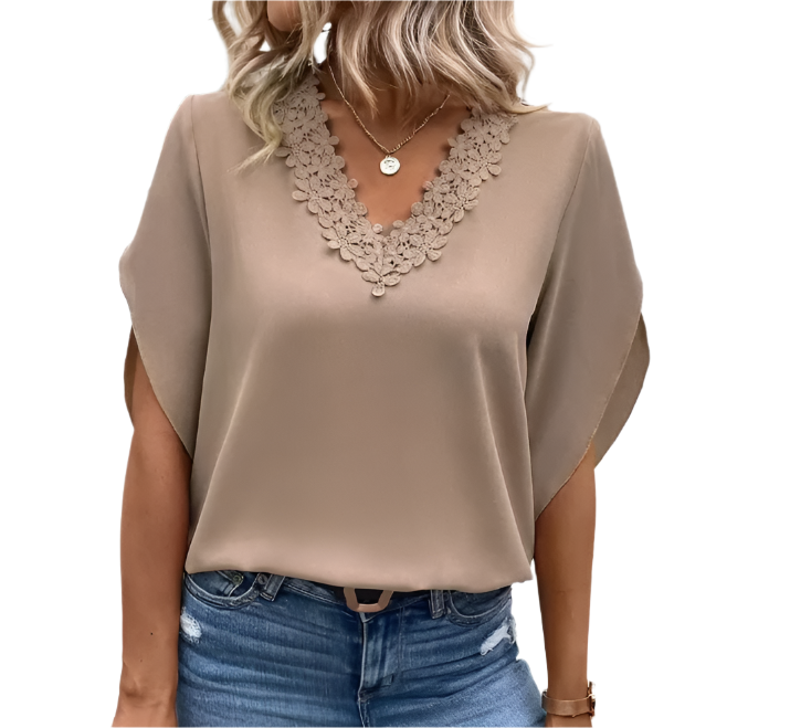 Solid Color Lace V-neck Flare Sleeve Top for Women – BL39