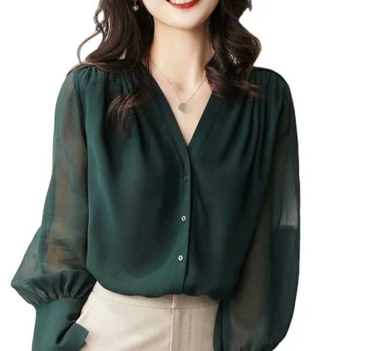 Elegant Chiffon Long Sleeve V-neck Collar Shirt for Women – BL21