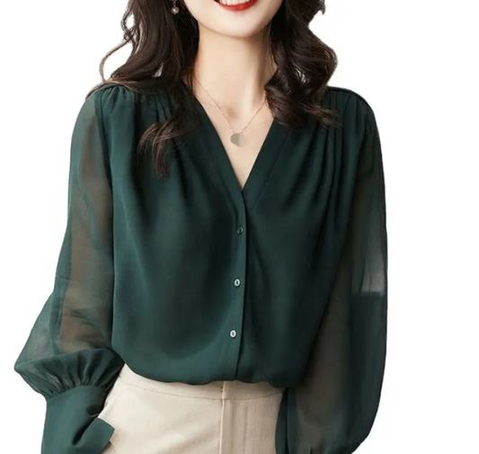 Elegant Chiffon Long Sleeve V-neck Collar Shirt for Women – BL21