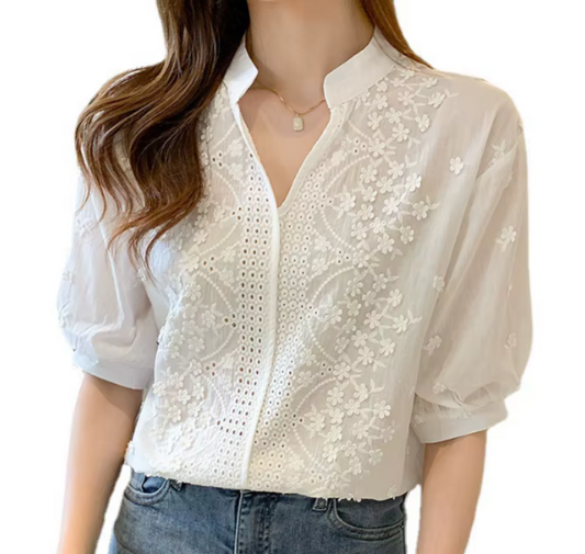 Classy Embroidered V-neck with Half Bubble Sleeve Top for Women – BL22