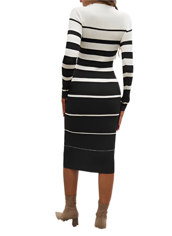 Trendy & Timeless Knitted Striped O-neck Full Sleeves Dress for Women – DRESS-B106