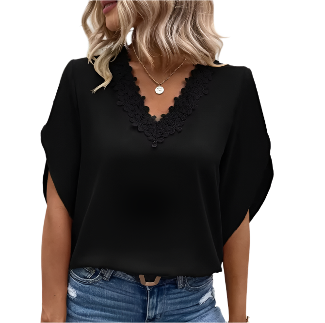 Solid Color Lace V-neck Flare Sleeve Top for Women – BL39