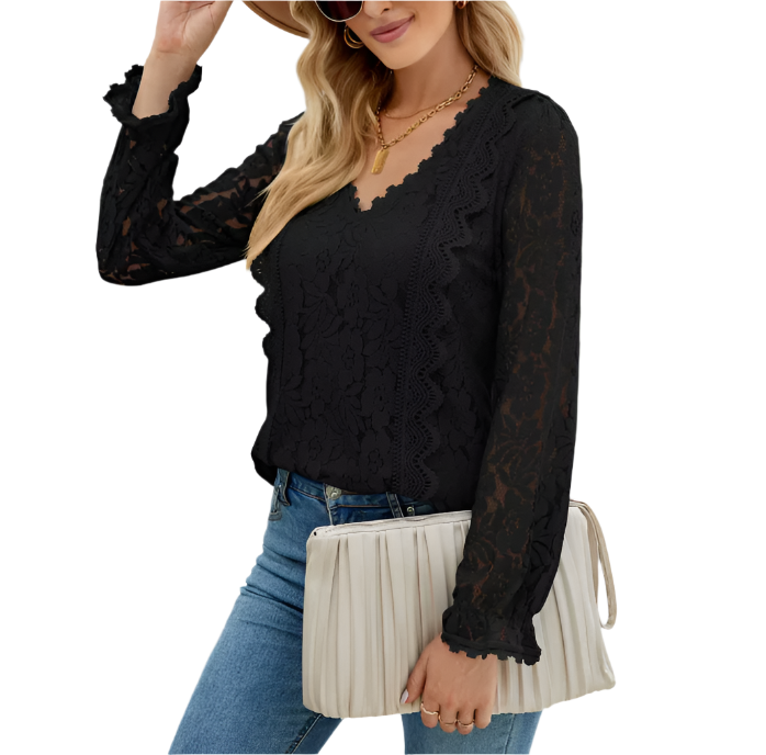 Elegant Lace Blouse for Women with V-neck & Long Sleeve – BL37