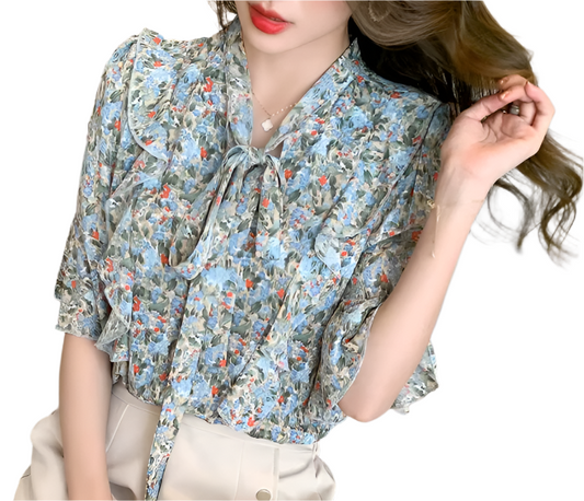 Women’s Floral Printed Blouse with Flare Half Sleeve Bow Collar – BL57