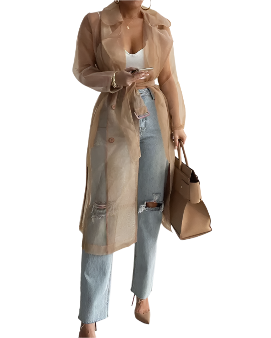 Women’s Stylist Transparent Puff Sleeve V-neck Waist Belt Cardigan Shirts Coat - BL33
