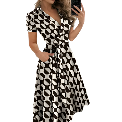 Elegant V-neck Slim-Waist Belt A-line Dress for Women- DRESS-B02