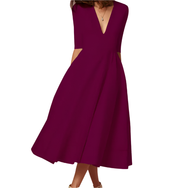 Elegant and Luxurious V-neck pocket A-line Dress for Women – DRESS-B67