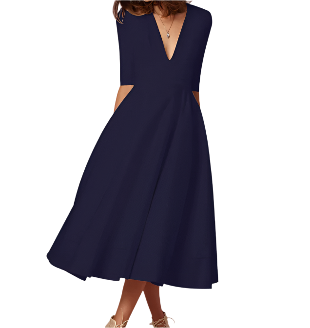 Elegant and Luxurious V-neck pocket A-line Dress for Women – DRESS-B67