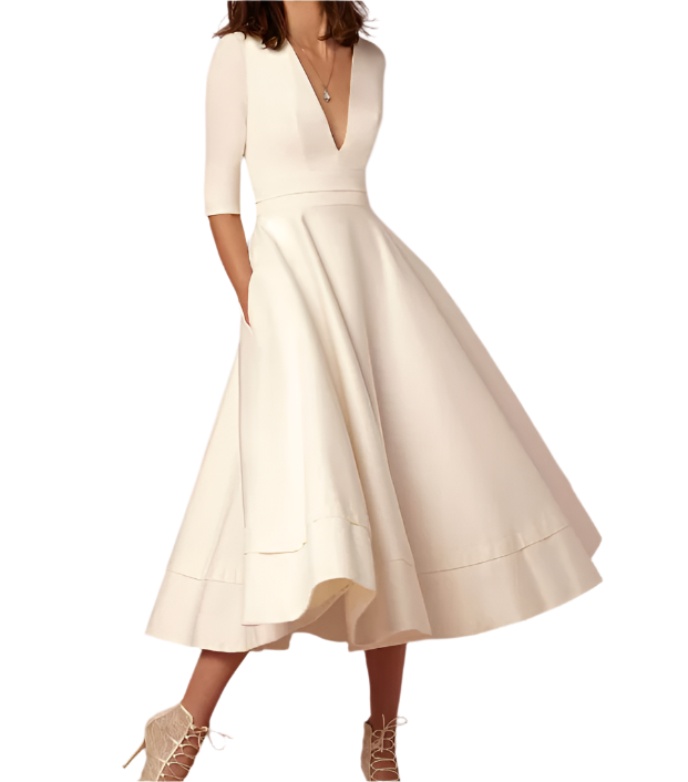 Elegant and Luxurious V-neck pocket A-line Dress for Women – DRESS-B67