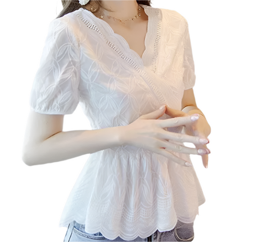Elegant Embroidered V-neck Women’s Cotton Top with Short Sleeve – BL36