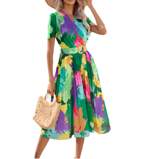 Trendy Summer Short Sleeve with Waist Belt Floral DRESS-B48