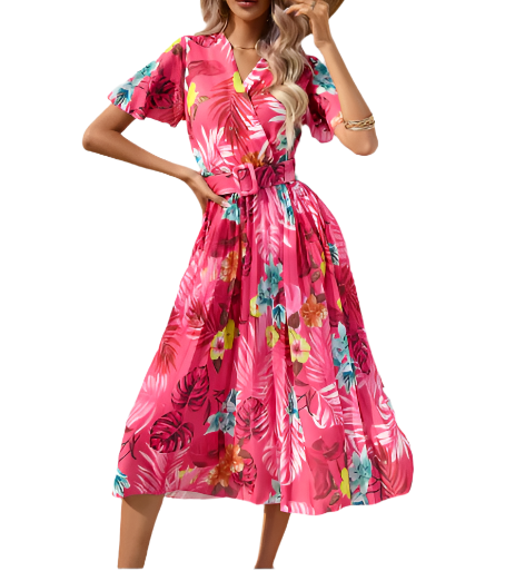 Trendy Summer Short Sleeve with Waist Belt Floral DRESS-B48