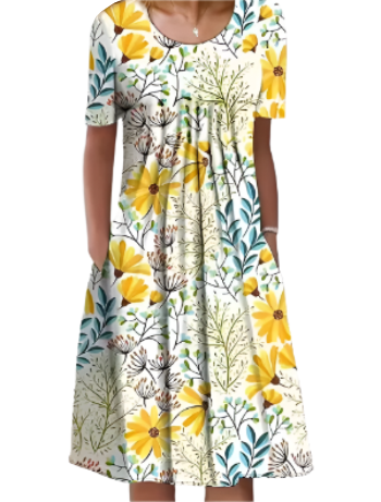 Floral Print Round Neck Pocket Dress for Women - Dress-B20