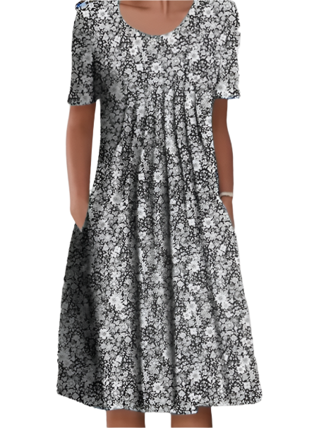 Floral Print Round Neck Pocket Dress for Women - Dress-B20