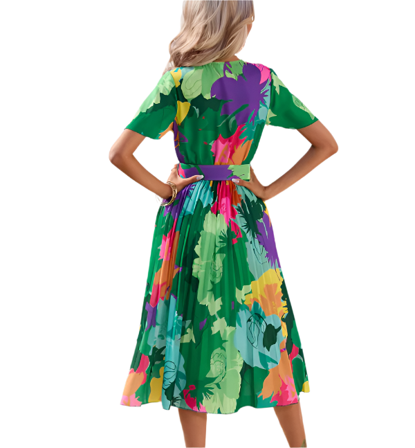 Trendy Summer Short Sleeve with Waist Belt Floral DRESS-B48