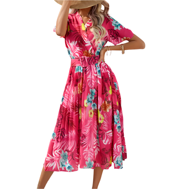Trendy Summer Short Sleeve with Waist Belt Floral DRESS-B48