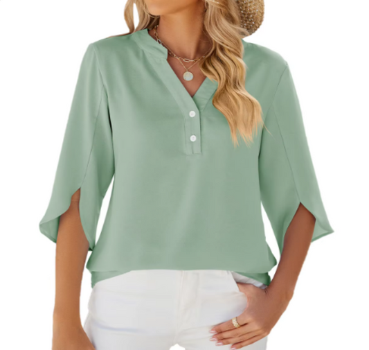 Chiffon Tops for Women-Solid Color V-neck line with Buttons – BL25