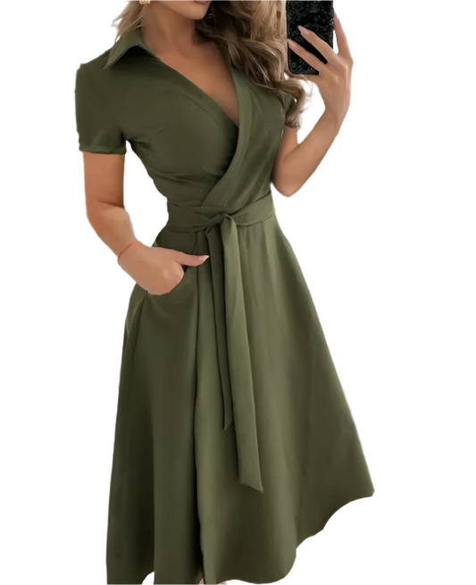 Trendy & Timeless V-neck Slim-Waist Belt A-line Dress for Women- DRESS-B02