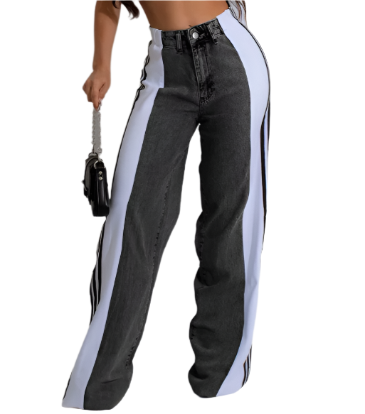 Women’s Trendy Comfortable High Waist Straight Side Striped JEANS-JP-04
