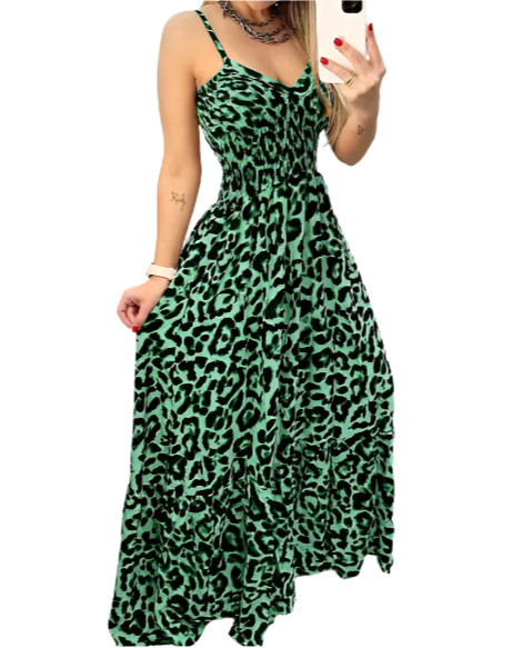 Classy & Elegant Leopard Print Shoulder Strapped Long DRESS-B40