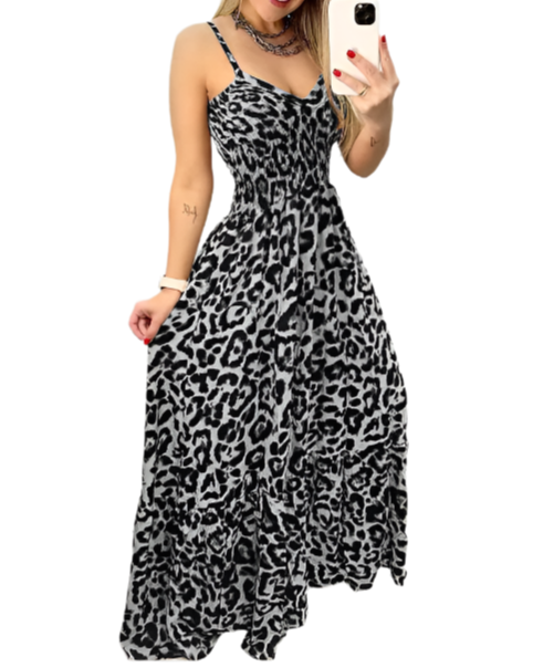 Classy & Elegant Leopard Print Shoulder Strapped Long DRESS-B40