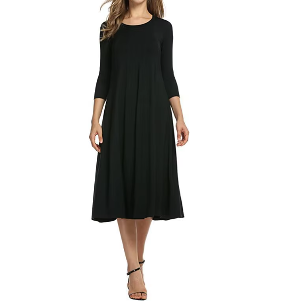 Classy & Timeless Long Sleeve Solid Color O-neck Dress for Women Dress-B56