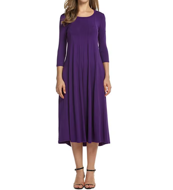 Classy & Timeless Long Sleeve Solid Color O-neck Dress for Women Dress-B56