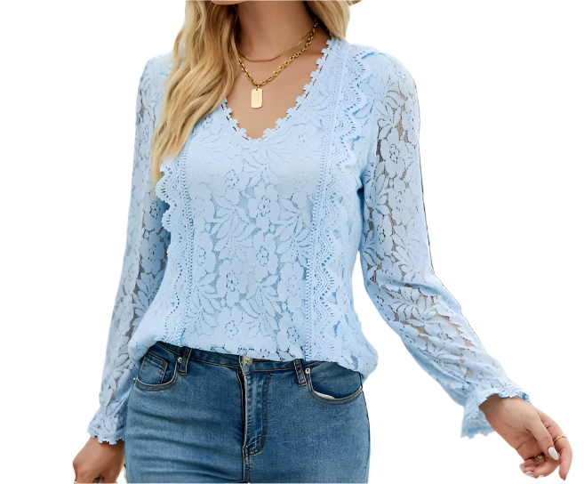 Elegant Lace Blouse for Women with V-neck & Long Sleeve – BL37