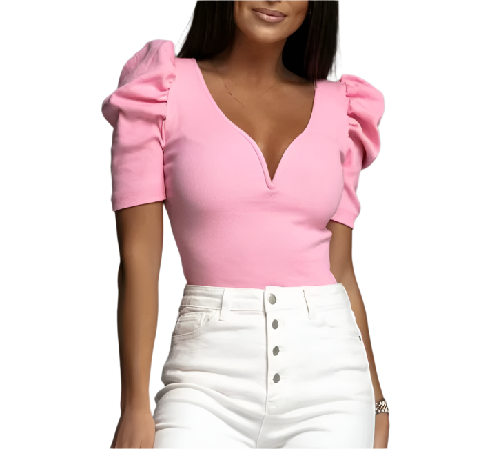 Trendy & Timeless Bubble Sleeve Solid Color V-neck Shirt for Women – BL12