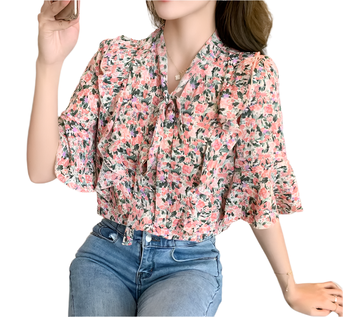 Women’s Floral Printed Blouse with Flare Half Sleeve Bow Collar – BL57