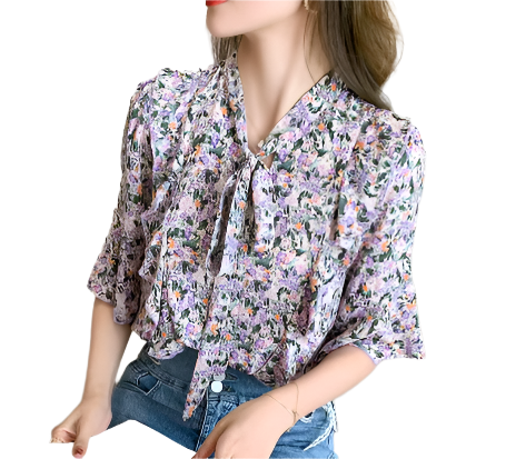 Women’s Floral Printed Blouse with Flare Half Sleeve Bow Collar – BL57