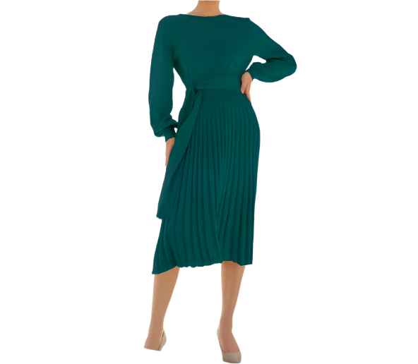 Trendy & Timeless Pleated Knitted Long Sleeve O-neck knee length Dress for Women – Dress B61