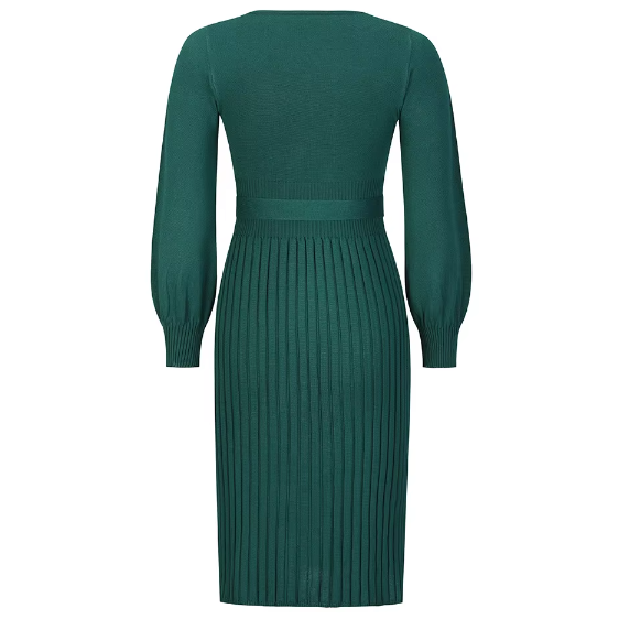 Trendy & Timeless Pleated Knitted Long Sleeve O-neck knee length Dress for Women – Dress B61