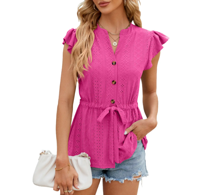 Stylist Embroidered V-neck Buttoned Women’s Top with Short Sleeve - BL26