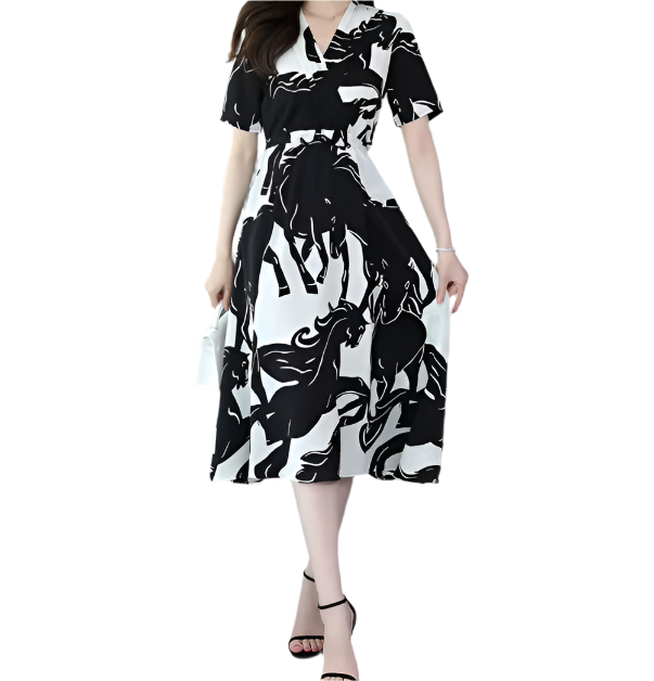 Elegant V-neck A-line Slim-Waist Dress for Women – DRESS-B57