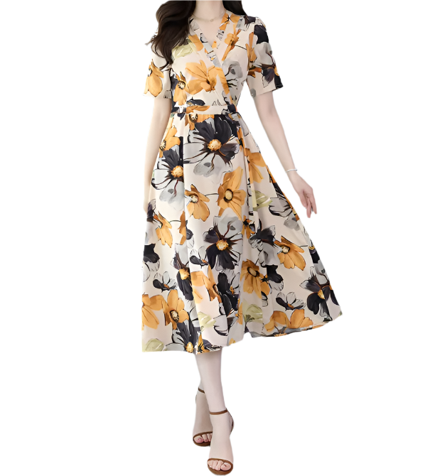Elegant V-neck A-line Slim-Waist Dress for Women – DRESS-B57